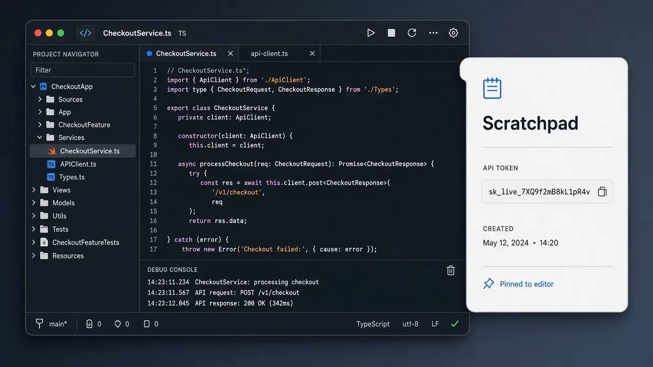 Illustration of a code editor with the DockTXT floating notepad pinned to the screen edge