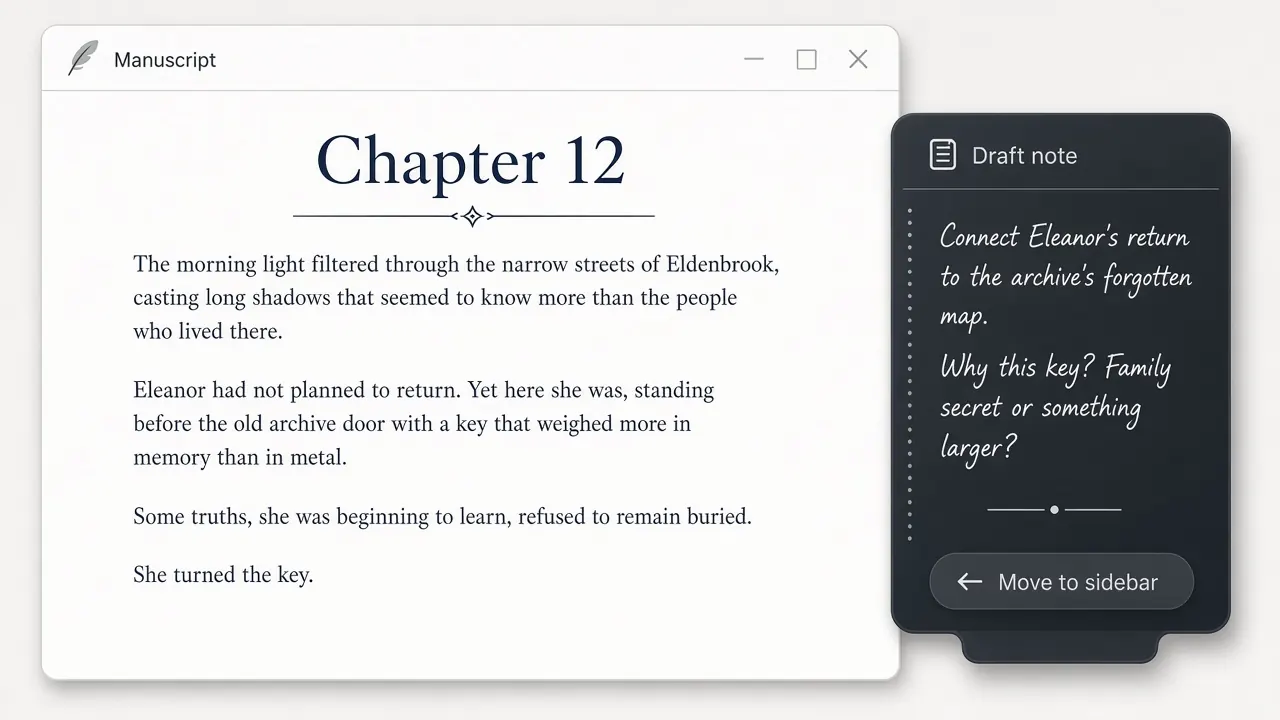 Illustration of a writing document with a Mac scratchpad drawer pinned to the edge