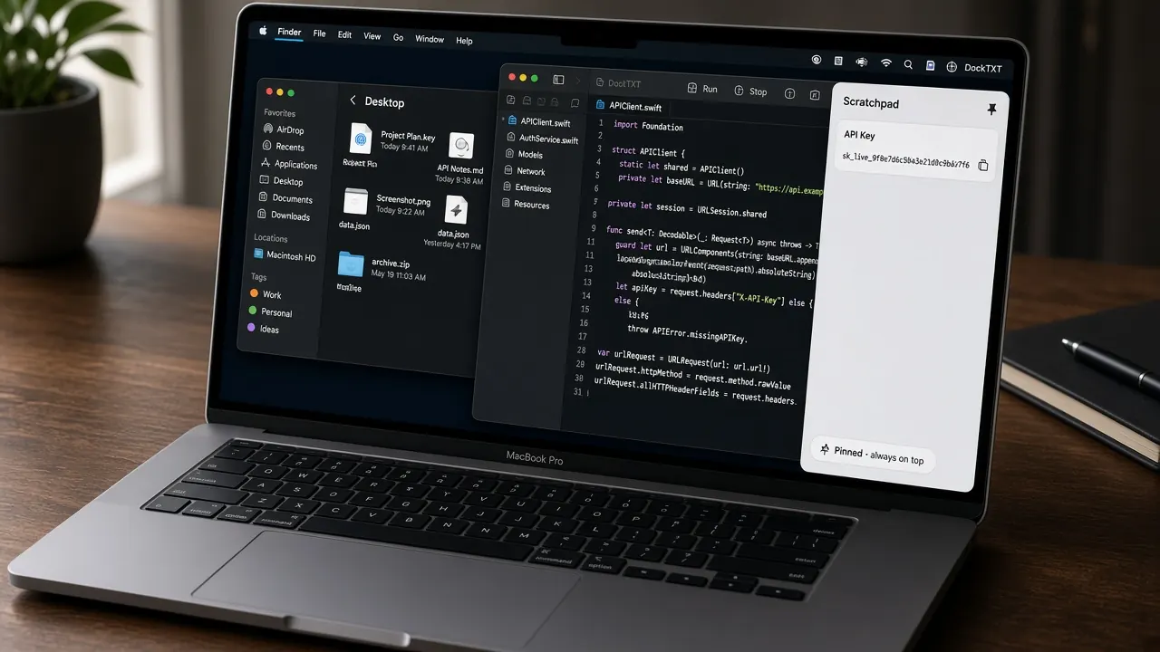 DockTXT floating notepad pinned to the right edge of a Mac desktop