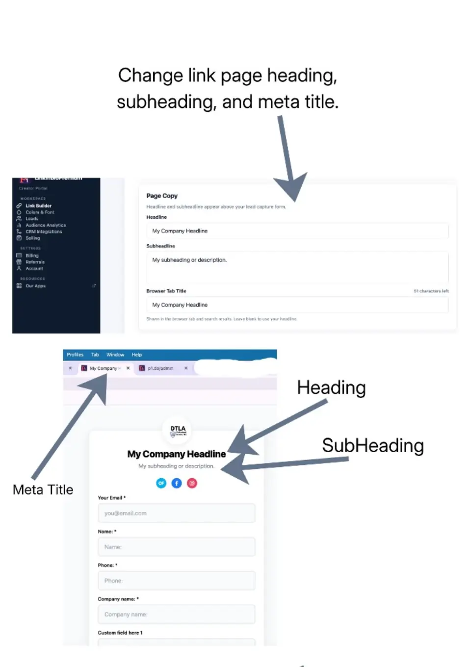 Link Builder Page Copy fields mapped to public page headline, subheadline, and browser tab title