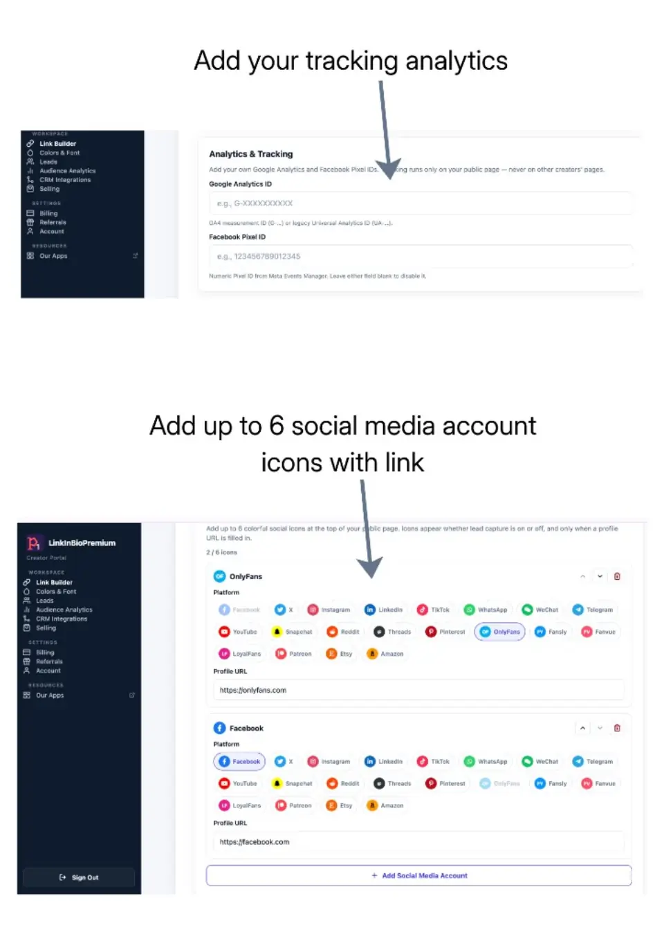 Analytics tracking IDs and social media account icons in Link Builder