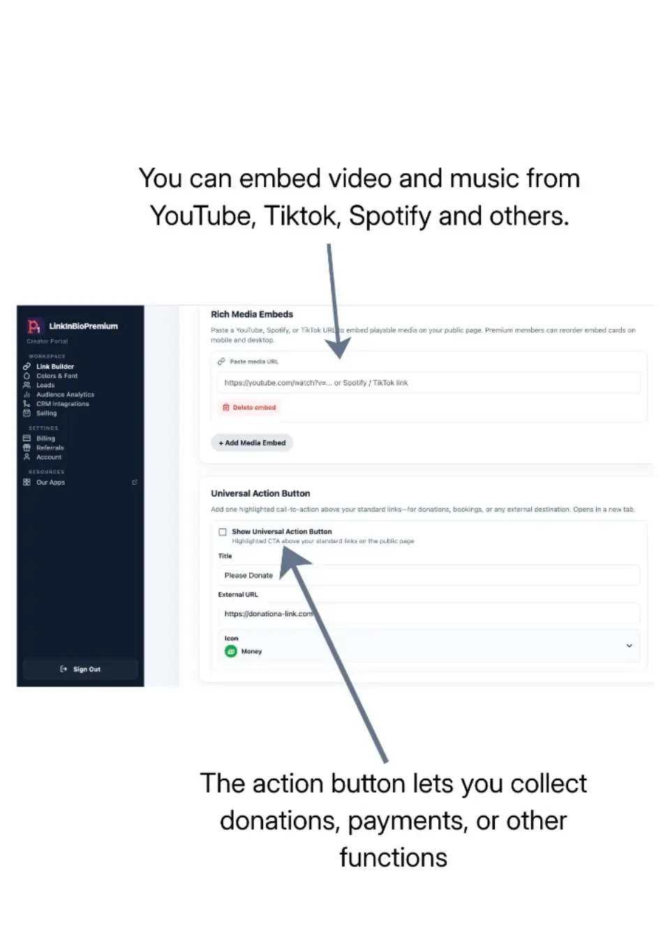Rich media embeds and Universal Action Button settings in Link Builder