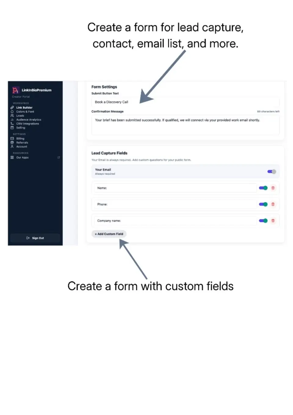 Lead capture form settings with submit button text and custom fields