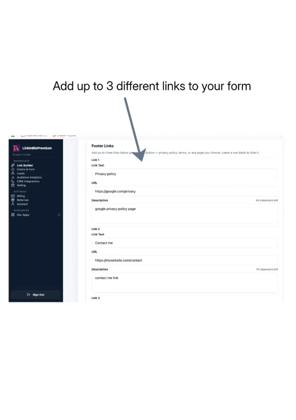 Page footer settings with Privacy Policy, Terms of Service, and Disclaimer links