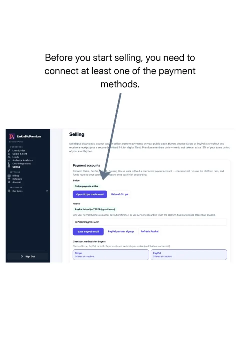 Selling dashboard with Stripe, PayPal, and optional crypto wallet payment options