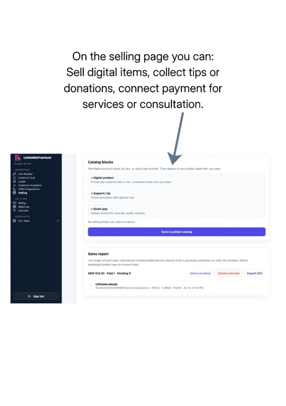 Selling catalog blocks for digital product, support tip, and quick-pay plus sales report
