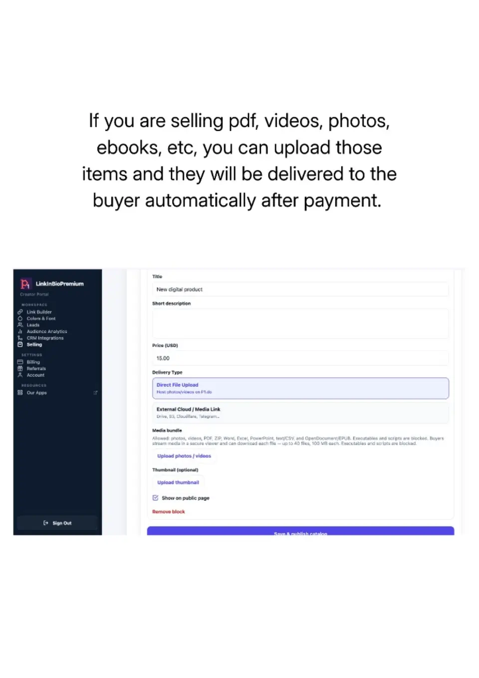 Digital product form with file upload, price, and automatic delivery options